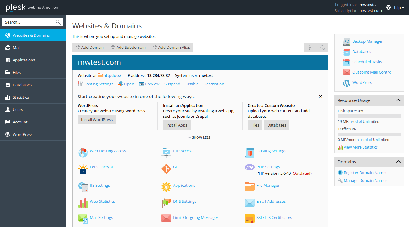 خرید هاست وردپرس پرسرعت - خرید هاست وردپرس ارزان 10 plesk-screenshot
